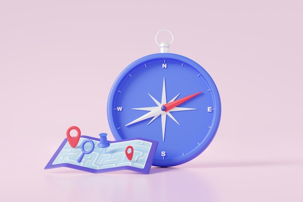 Compass icon Pin pointer Map location travel navigation concept latitude and longitude wind direction exploration north south Minimal cartoon style on pink background 3d render illustration