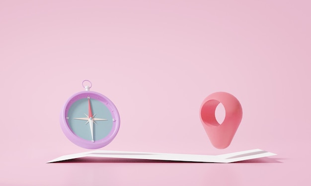 Compass icon Pin pointer Map location travel navigation concept website Minimal cartoon style on pink background 3d render illustration