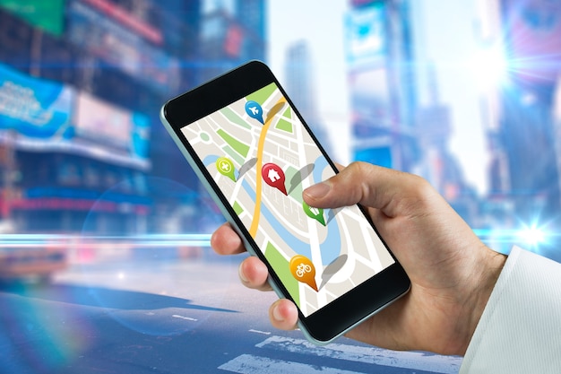 Composite image of man using map app on phone