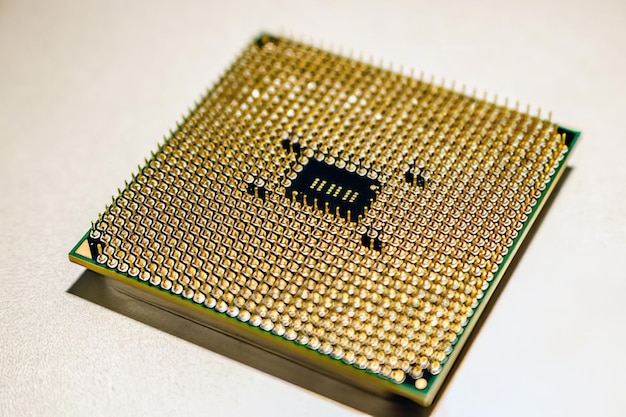 Comptuer processor and motherboard microchip details close view Hitech innovation background