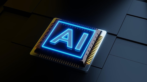 Computer chip with glowing sigh in neon light 3d render