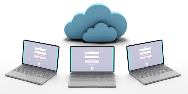 computer cloud concept login on the computer screens isolated on white background 3d illustration