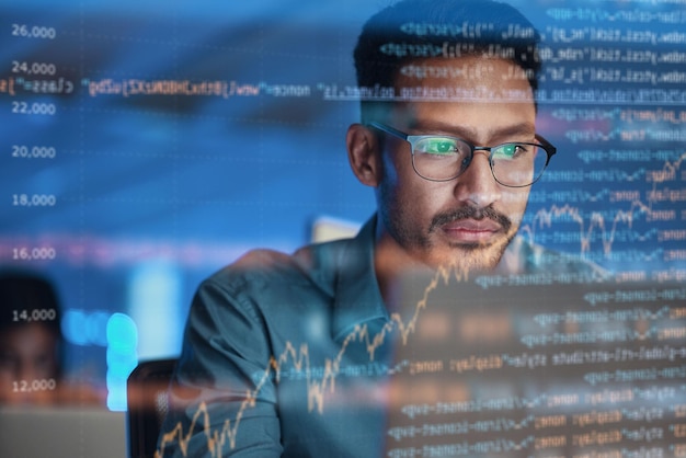 Computer coding hologram and business man in data analysis code html or software overlay at night Programmer or person in glasses or screen reflection programming stats and cybersecurity research