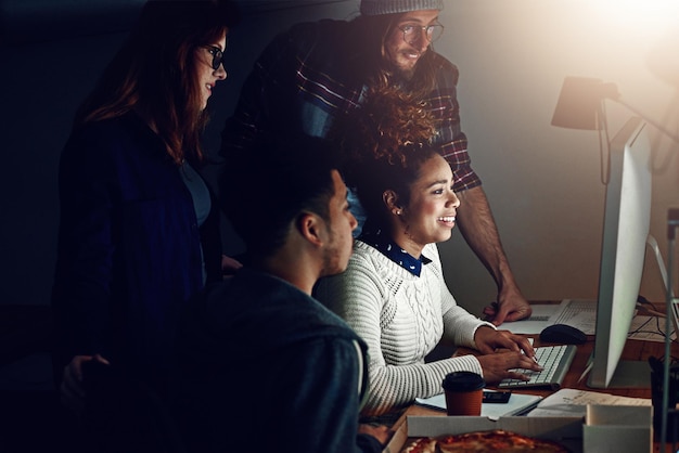 Computer diversity collaboration and night people programming ERP software cybersecurity system or code Information technology developer and programmer teamwork on coding cloud computing database