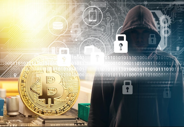 computer hacker and bitcoin cryptocurrency, blockchain technology
