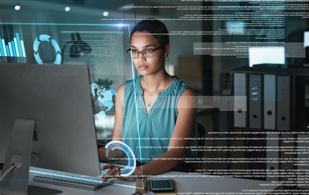 Computer hologram hud chart or woman review finance work stock market database or futuristic night overlay Forex ui investment online data analysis or African trader trading NFT or bitcoin crypto