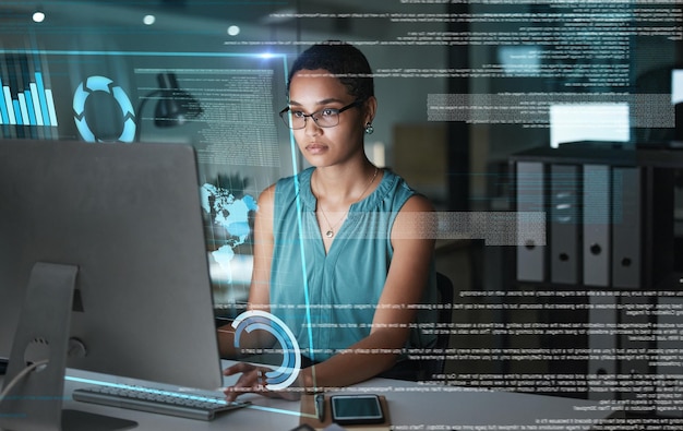 Computer hologram hud working or woman review finance chart stock market database or futuristic night overlay Forex investment online data analysis or African trader trading NFT or bitcoin crypto