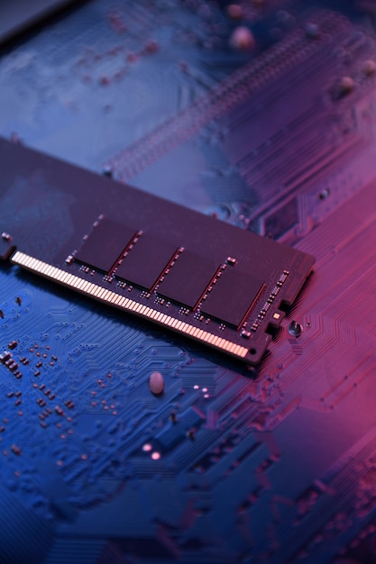 Computer hukommelse RAM på motherboard. Tæt på. system, hovedhukommelse, random access memory, onboard, computer detalje. Computer komponenter. DDR3. DDR4. DDR5