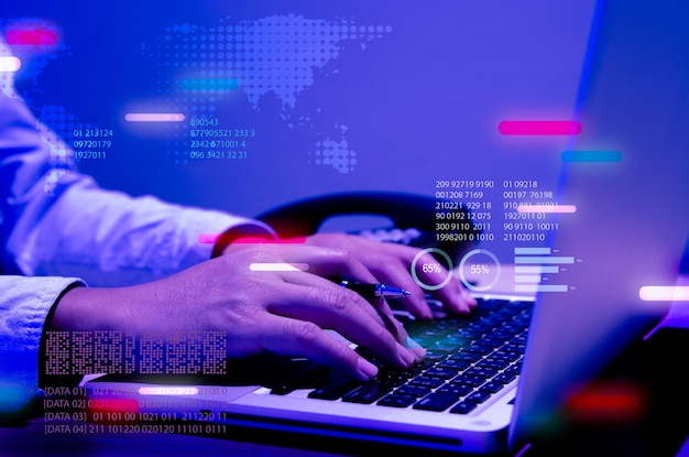 computer laptop to manage business marketing sales media chart data graph digital world metaverse background. digital marketing data analysis technology business people