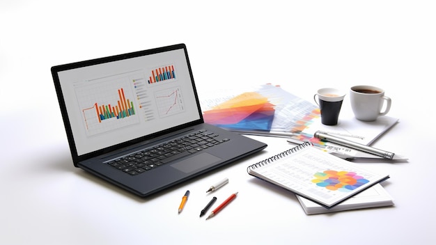 Computer laptop with office stationery isolated on white