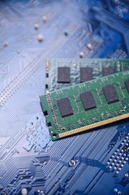Computer memory RAM on motherboard . Close up. system, main memory, random access memory, onboard, computer detail. Computer components . DDR3. DDR4. DDR5