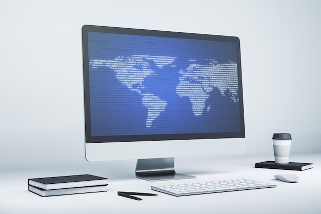 Computer monitor with abstract creative digital world map globalization concept 3D Rendering