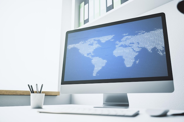 Computer monitor with abstract creative digital world map globalization concept 3D Rendering