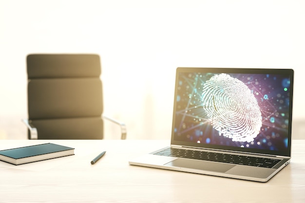 Computer monitor with abstract creative fingerprint illustration personal biometric data concept 3D Rendering
