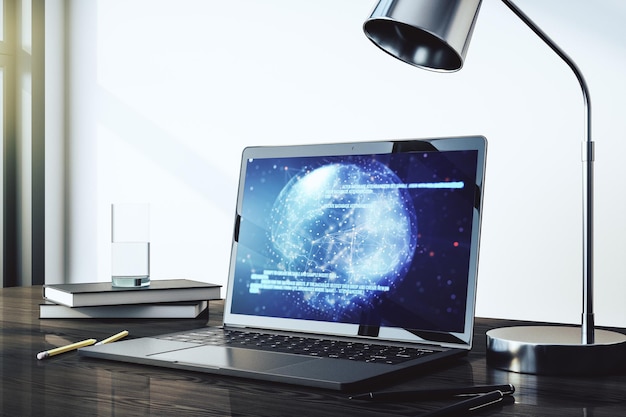 Computer monitor with abstract creative programming illustration and world map big data and blockchain concept 3D Rendering