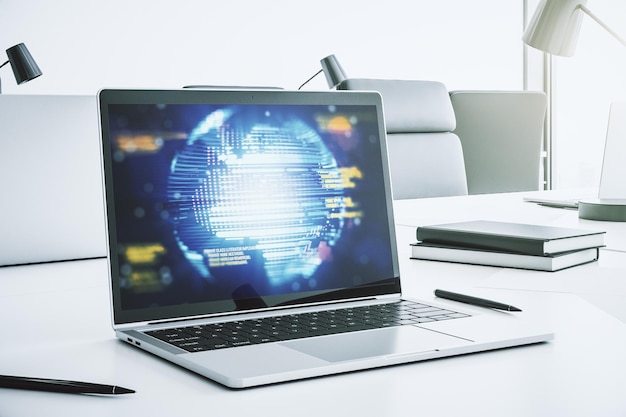 Computer monitor with abstract creative programming illustration and world map big data and blockchain concept 3D Rendering