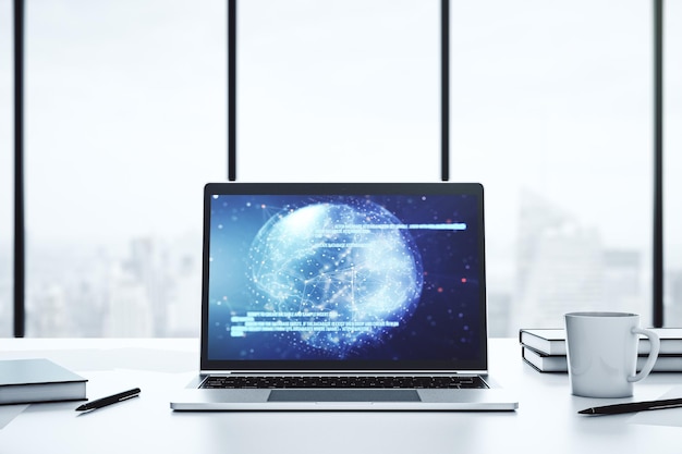 Computer monitor with abstract creative programming illustration and world map big data and blockchain concept 3D Rendering
