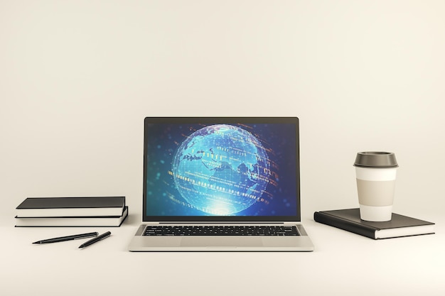 Computer monitor with abstract creative programming illustration and world map big data and blockchain concept 3D Rendering