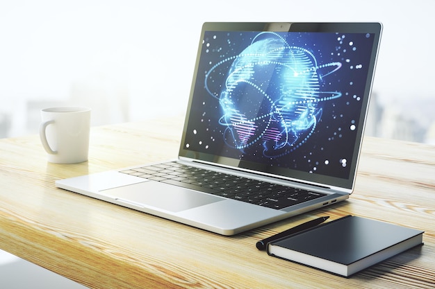 computer monitor with abstract graphic digital world map with connections globalization concept 3d rendering