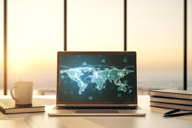 Computer monitor with abstract graphic digital world map with connections globalization concept 3D Rendering