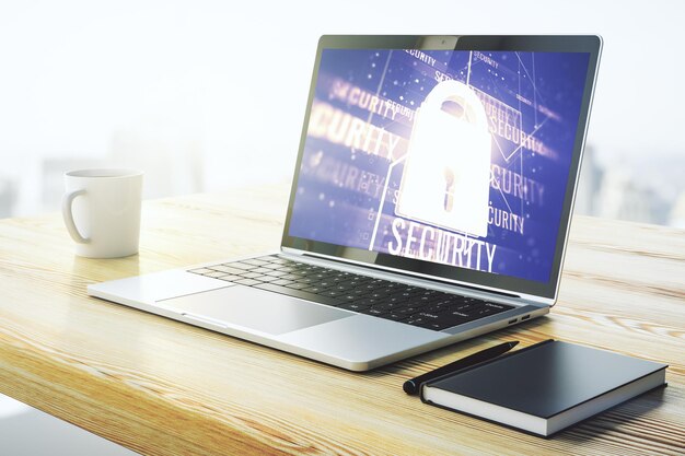 computer monitor with creative light lock illustration and microcircuit cyber security concept 3d rendering