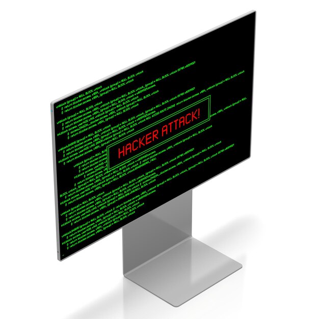 Computer monitor with green application code on w screen hacker attack concept 3D illustration