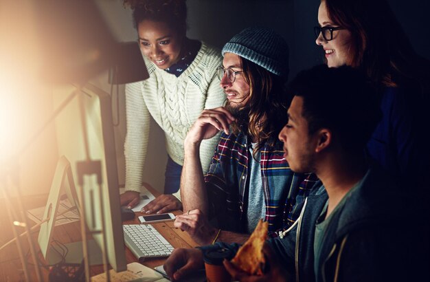 Computer office teamwork or night team programming ERP software cybersecurity system or programmer code App data science ai developer or diversity collaboration on coding cloud computing database
