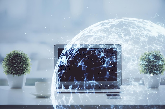 Computer på skrivebordet med socialt netværk hologram Dobbelt eksponering Koncept om internationale menneskers forbindelser