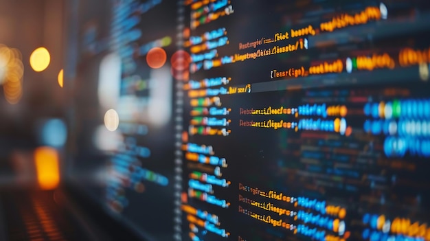 Computer programming code displayed on a monitor with outoffocus colorful bokeh lights creating a backdrop symbolizing digital data processing