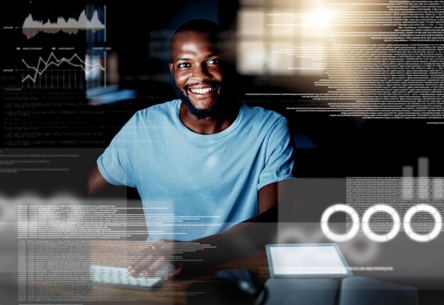 Computer programming coding and web design with a creative professional in his office with CGI special effects and digital overlay Portrait of a programmer developing code and language on a pc