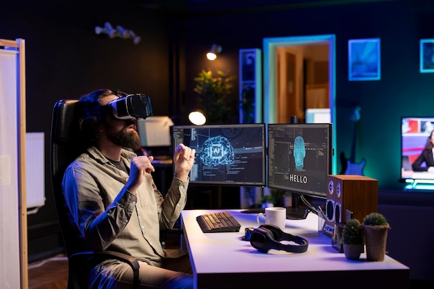 Computer scientist with VR glasses on working to achieve AI superintelligence