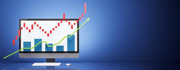 computer screen displaying stock market graph with upward trend on blue background 3d rendering