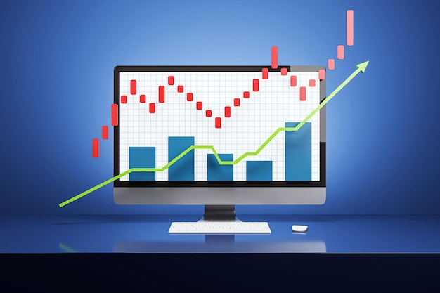 computer screen showing a stock market chart with upward trend on a blue background 3d rendering