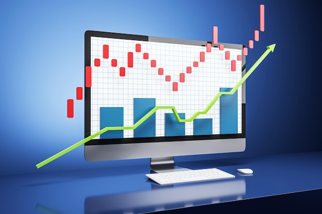 computer screen with financial graph and upward trend on blue background 3d rendering