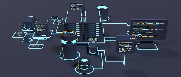 computer technology 3d illustration computation of big data center cloud computing online devices upload and download information modern 3d illustration 3d rendering