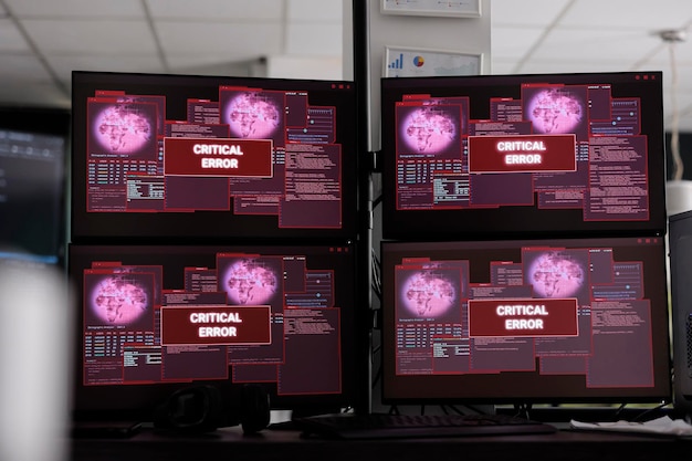 computers displays having critical error message flashing on screen, showing hacking alert and security breach warning. empty it company office with multiple monitors running cyber crime attack.