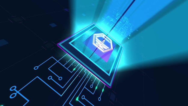 Concept 3d rendering animation motherboard CPU processor microchip starting neon data information processing NFT crypto art sign non fungible token