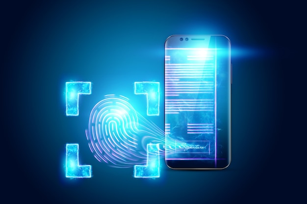 concept of electronic signature, the image of the phone and the hologram of the contract and the fingerprint. remote collaboration, online business. mixed media. 3d illustration, 3d render.