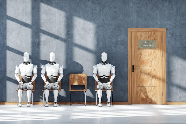 concept robots and artificial intelligence are taking away jobs robots and humans are sitting