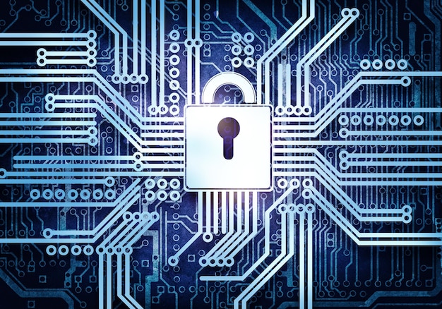 Conceptual digital image of lock on circuit background