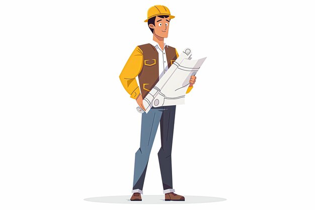 Confident Engineer in Flat Design Holding Blueprints on White Background