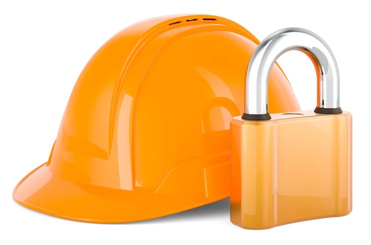 Foto construction orange hard hat with padlock 3d rendering isolated on white background