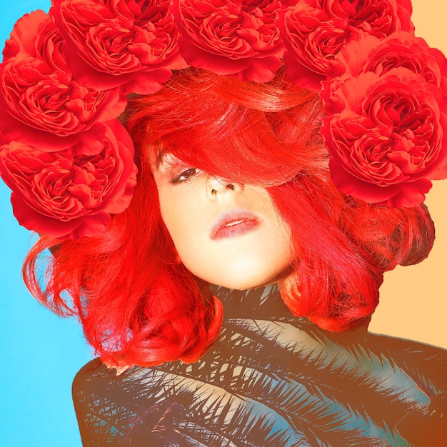 contemporary art collage. girl with red hair and roses. bloom mood