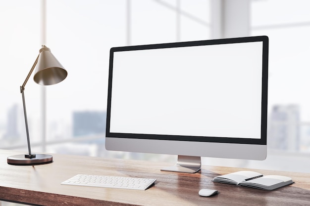 Contemporary wooden designer desk with white computer monitor coffee cup supplies other objects and window with city view in the background Mock up 3D Rendering