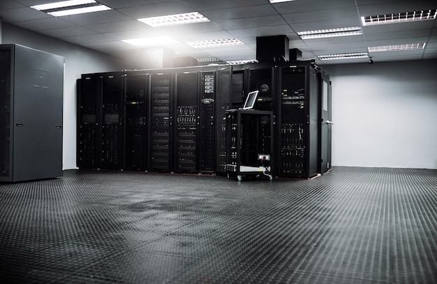 Control room empty or hardware for internet connection computing network or cyber security system IT support background information technology electronics or machine equipment in data center