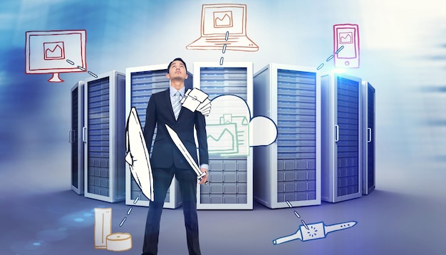 Corporate warrior against composite image of cloud computing doodle