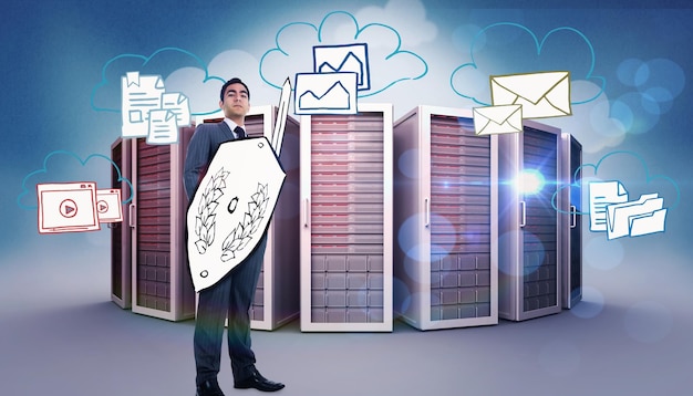 Corporate warrior against composite image of cloud computing doodle