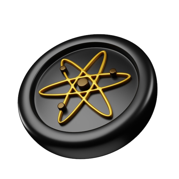 Cosmos or ATOM Black Gold Coin 3d rendering tilted left view cryptocurrency illustration cartoon