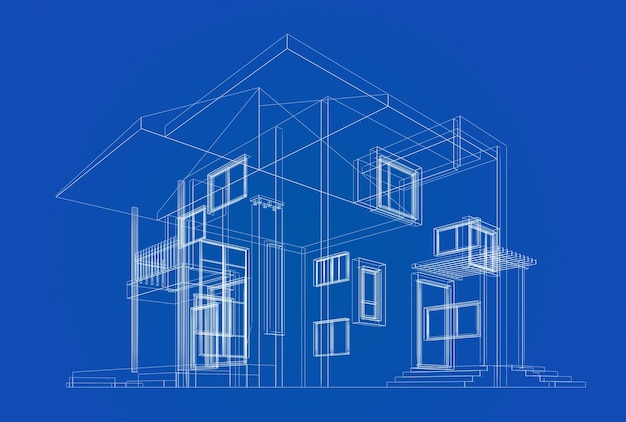 Cottage construction blueprint 3d rendering