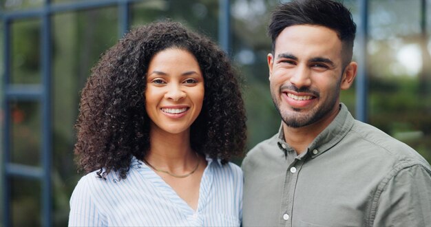 Couple portrait and happy in new home outdoor with property investment real estate and security Homeowner people and face with smile in garden of dream house for insurance mortgage and support